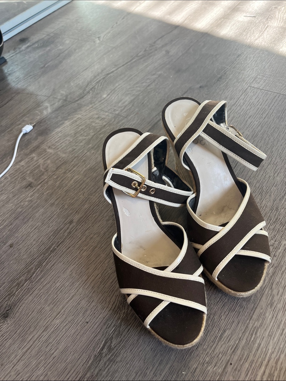 Franco Sarto Brown and Cream Strappy Wedge Sandals